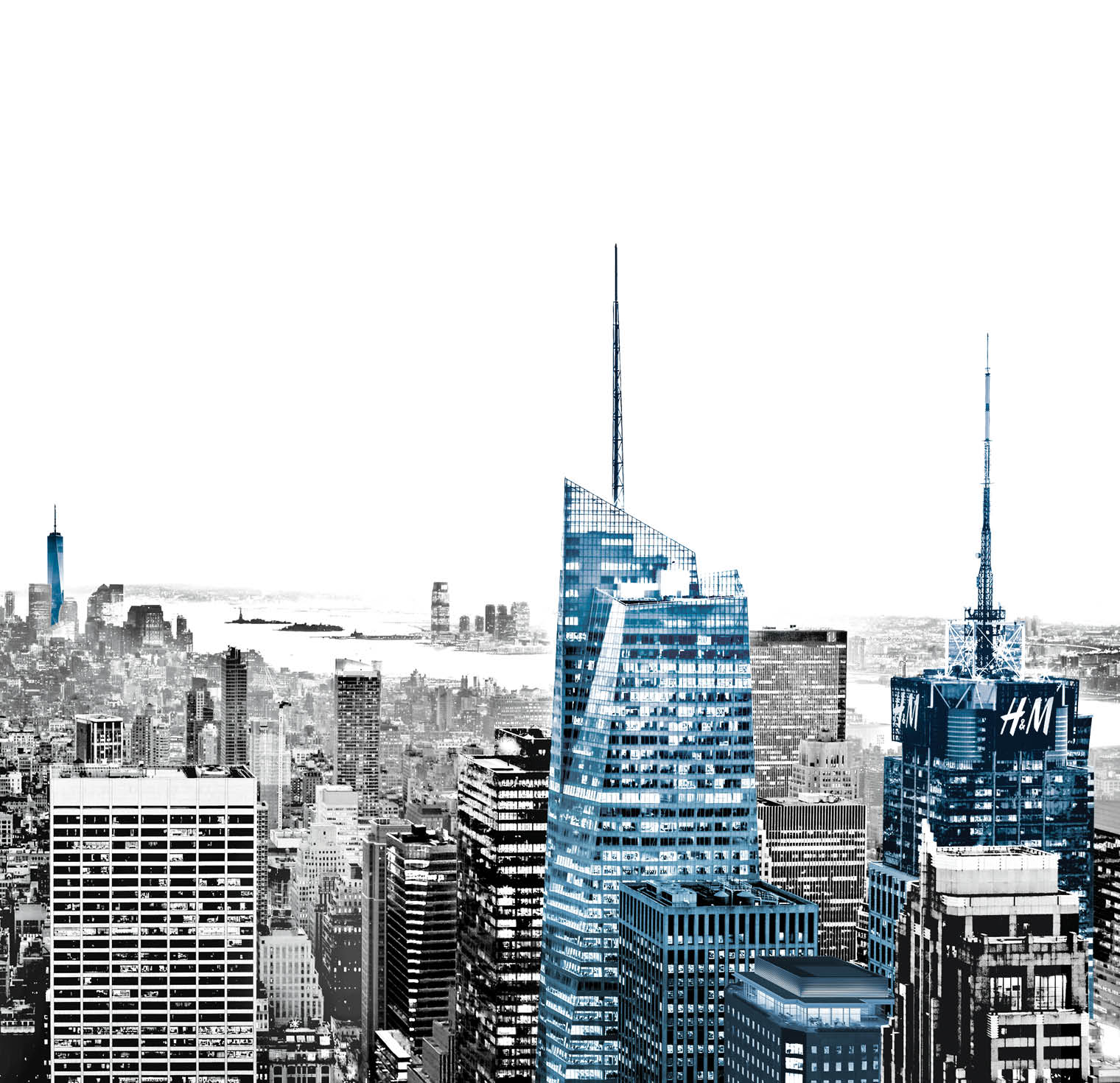A black and white photo of a city with a skyline of buildings. Description generated by AI