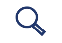 A simple dark blue magnifying glass icon on a white background. Description generated by AI